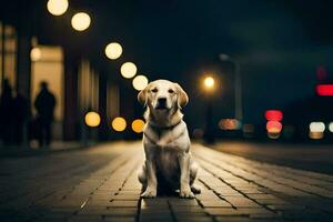 foto papel de parede a cidade, cachorro, noite, luzes, rua, cidade, luzes, rua,. gerado por IA