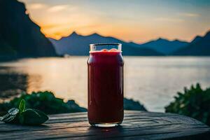 uma vidro do suco em uma mesa dentro frente do uma lago. gerado por IA foto