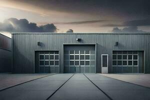 uma ampla industrial construção com dois garagem portas gerado por IA foto