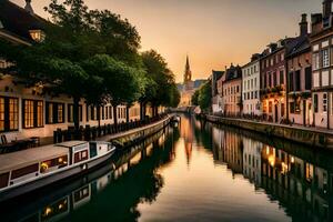 uma canal dentro Bruges, Bélgica. gerado por IA foto