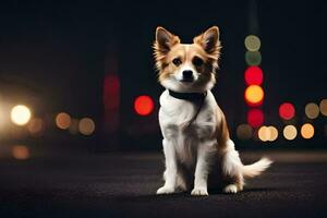 uma cachorro sentado em a rua às noite com luzes dentro a fundo. gerado por IA foto
