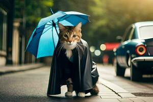 uma gato dentro uma capa e capa de chuva em pé em a rua. gerado por IA foto