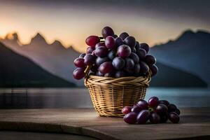 uvas dentro a cesta, lago, montanhas, pôr do sol, pôr do sol hd papel de parede. gerado por IA foto