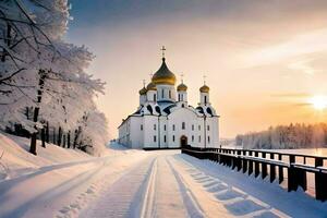 uma Igreja dentro a neve com dourado cúpulas. gerado por IA foto
