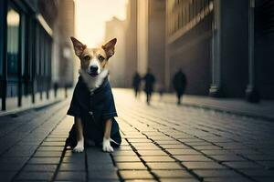 uma cachorro vestindo uma Jaqueta senta em a rua. gerado por IA foto