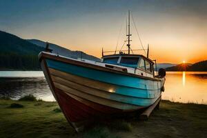 uma barco senta em a costa às pôr do sol. gerado por IA foto