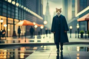 uma gato vestindo uma casaco e em pé dentro a chuva. gerado por IA foto