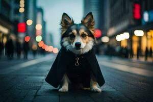 uma cachorro vestindo uma capa em a rua. gerado por IA foto