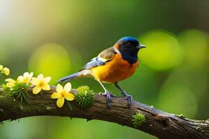 uma colorida pássaro senta em uma ramo com amarelo flores gerado por IA foto