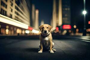 uma cachorro sentado em a rua às noite. gerado por IA foto