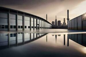 uma cidade Horizonte é refletido dentro uma poça. gerado por IA foto