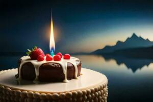 uma aniversário bolo com uma vela em topo. gerado por IA foto