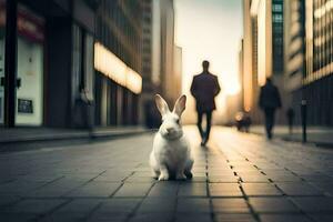 uma branco Coelho é em pé dentro a meio do uma cidade rua. gerado por IA foto