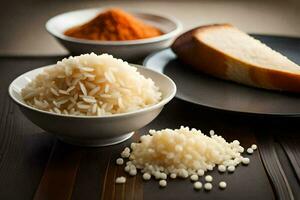 arroz, pão e especiarias em uma mesa. gerado por IA foto