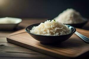 uma tigela do arroz em uma de madeira mesa. gerado por IA foto