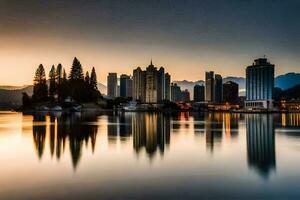 a cidade Horizonte é refletido dentro a água às pôr do sol. gerado por IA foto