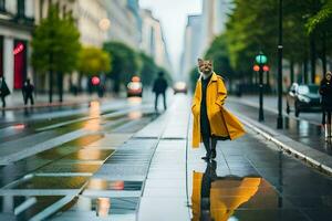 uma mulher dentro uma amarelo casaco e Preto chuteiras é caminhando baixa uma cidade rua. gerado por IA foto