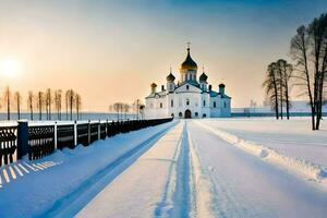 uma Igreja dentro a neve com uma estrada conduzindo para isto. gerado por IA foto