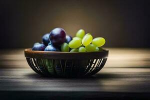 uvas dentro uma cesta, a escuro, fruta, hd papel de parede. gerado por IA foto