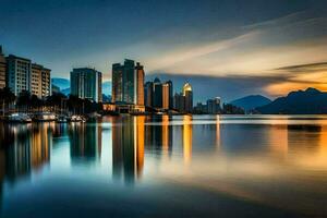 a cidade Horizonte às pôr do sol dentro macau. gerado por IA foto