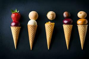 cinco gelo creme cones com diferente tipos do Comida. gerado por IA foto