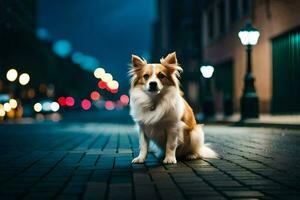 uma cachorro sentado em a rua às noite. gerado por IA foto