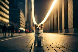 uma cachorro sentado em a rua às noite. gerado por IA foto