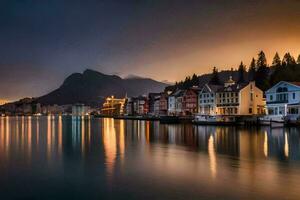 a Cidade do Bergen, Noruega às noite. gerado por IA foto