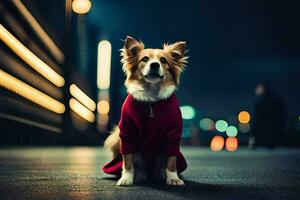 uma cachorro vestindo uma vermelho casaco sentado em a rua às noite. gerado por IA foto