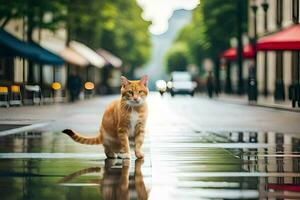 a laranja gato é em pé em uma molhado rua. gerado por IA foto