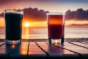 dois óculos do Cerveja em uma mesa dentro frente do a pôr do sol. gerado por IA foto