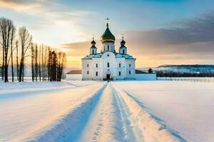 uma Igreja dentro a neve com uma estrada conduzindo para isto. gerado por IA foto