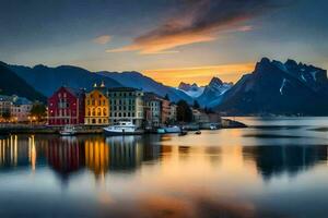 foto papel de parede a céu, montanhas, água, pôr do sol, Noruega, lofoten,. gerado por IA