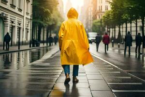 uma pessoa caminhando baixa uma rua dentro uma amarelo capa de chuva. gerado por IA foto