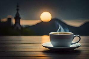 uma copo do café em uma de madeira mesa com uma Visão do a Sol. gerado por IA foto