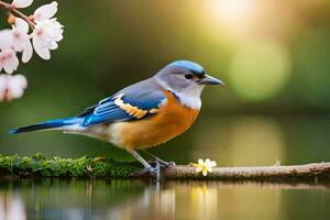 uma azul e laranja pássaro sentado em uma ramo perto água. gerado por IA foto