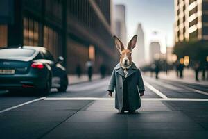 uma Coelho vestido dentro uma terno e gravata em pé em a rua. gerado por IA foto