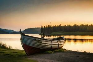 uma barco senta em a costa do uma lago às pôr do sol. gerado por IA foto