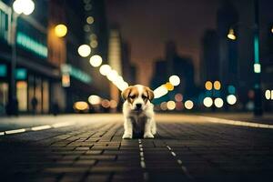 uma cachorro é em pé em uma rua às noite. gerado por IA foto