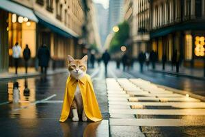 uma gato dentro uma amarelo capa de chuva em pé em uma rua. gerado por IA foto
