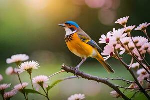 uma colorida pássaro é empoleirado em uma ramo com flores gerado por IA foto