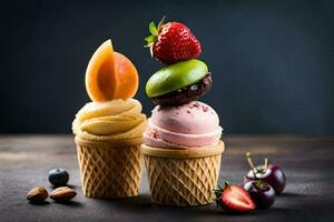 três gelo creme cones com diferente sabores do fruta. gerado por IA foto