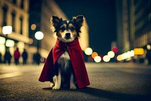 uma cachorro vestindo uma vermelho capa em a rua às noite. gerado por IA foto