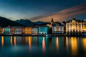 foto papel de parede a céu, noite, lago, edifícios, a cidade, a cidade luzes, o. gerado por IA