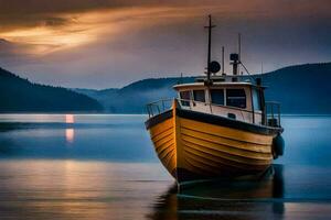 uma barco senta em a água às pôr do sol. gerado por IA foto