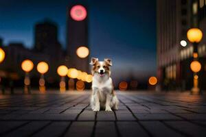 uma cachorro sentado em a terra dentro frente do uma cidade às noite. gerado por IA foto