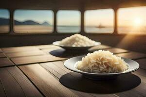 dois taças do arroz em uma mesa com a Sol dentro a fundo. gerado por IA foto