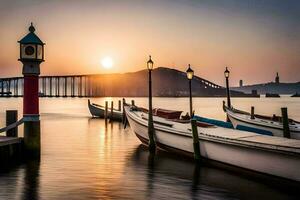 barcos ancorado às a cais às pôr do sol. gerado por IA foto