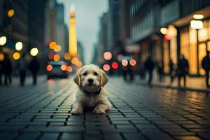 uma cachorro senta em a terra dentro uma cidade rua. gerado por IA foto