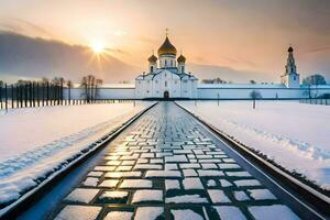 a Sol conjuntos sobre a kremlin dentro inverno. gerado por IA foto